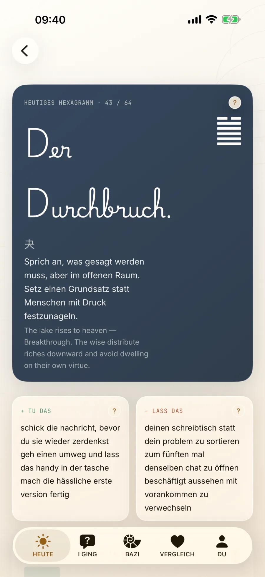 Deutsche Daoly-Ansicht mit Hexagramm 43 und Elementbalance