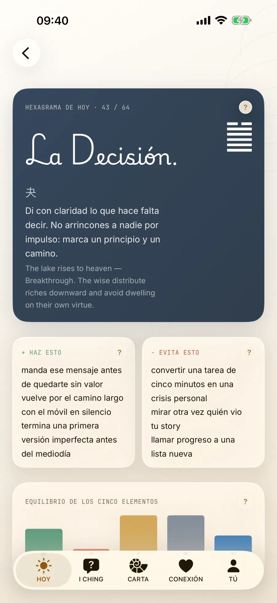 Pantalla de Daoly en español con el hexagrama 43 y el equilibrio elemental
